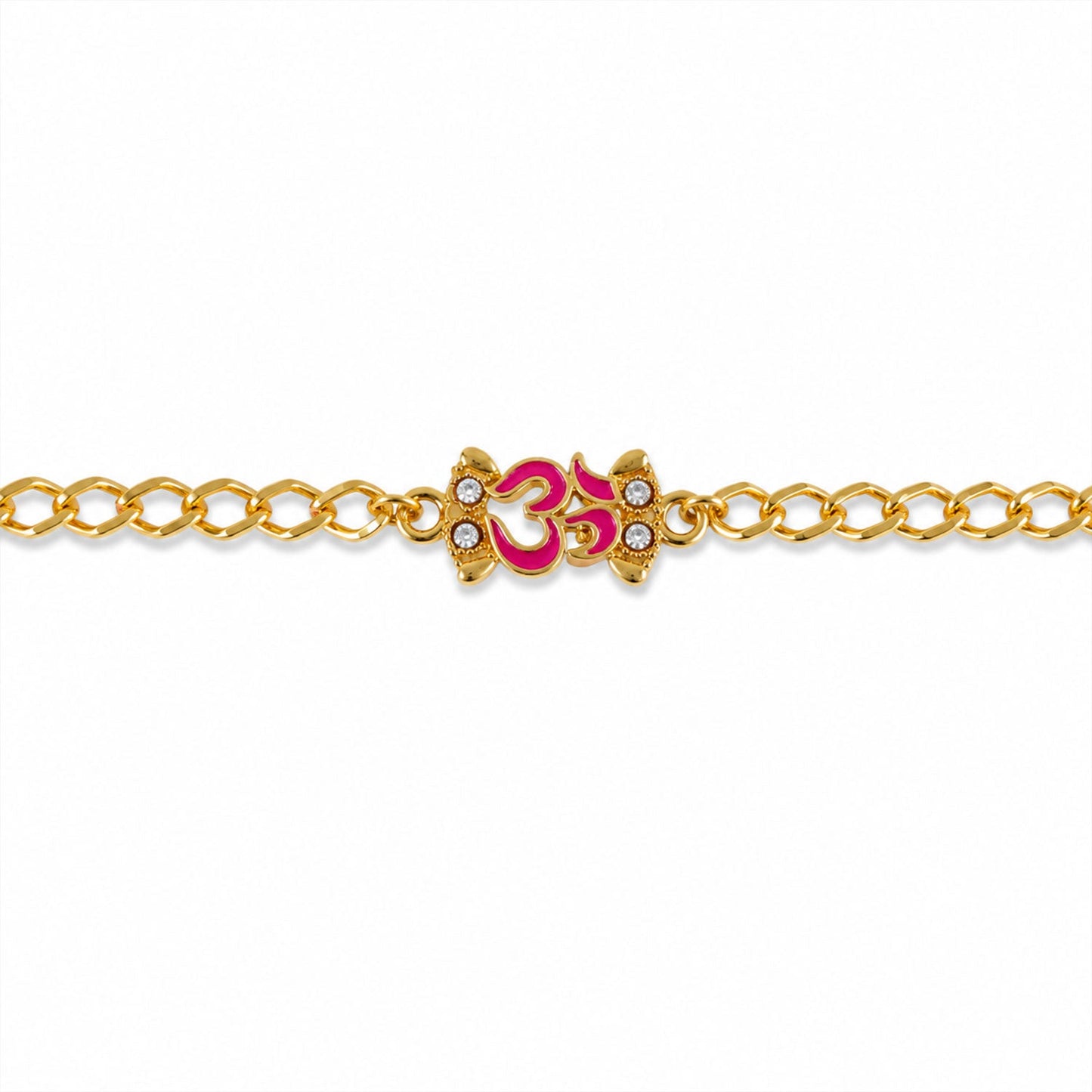 Om stone centerpiece on elegant gold tone Rakhi bracelet