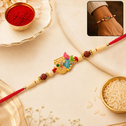 Vibrant multicolor enamel Lord Ganesha Rakhi with gold tone finish for Rakshabandhan