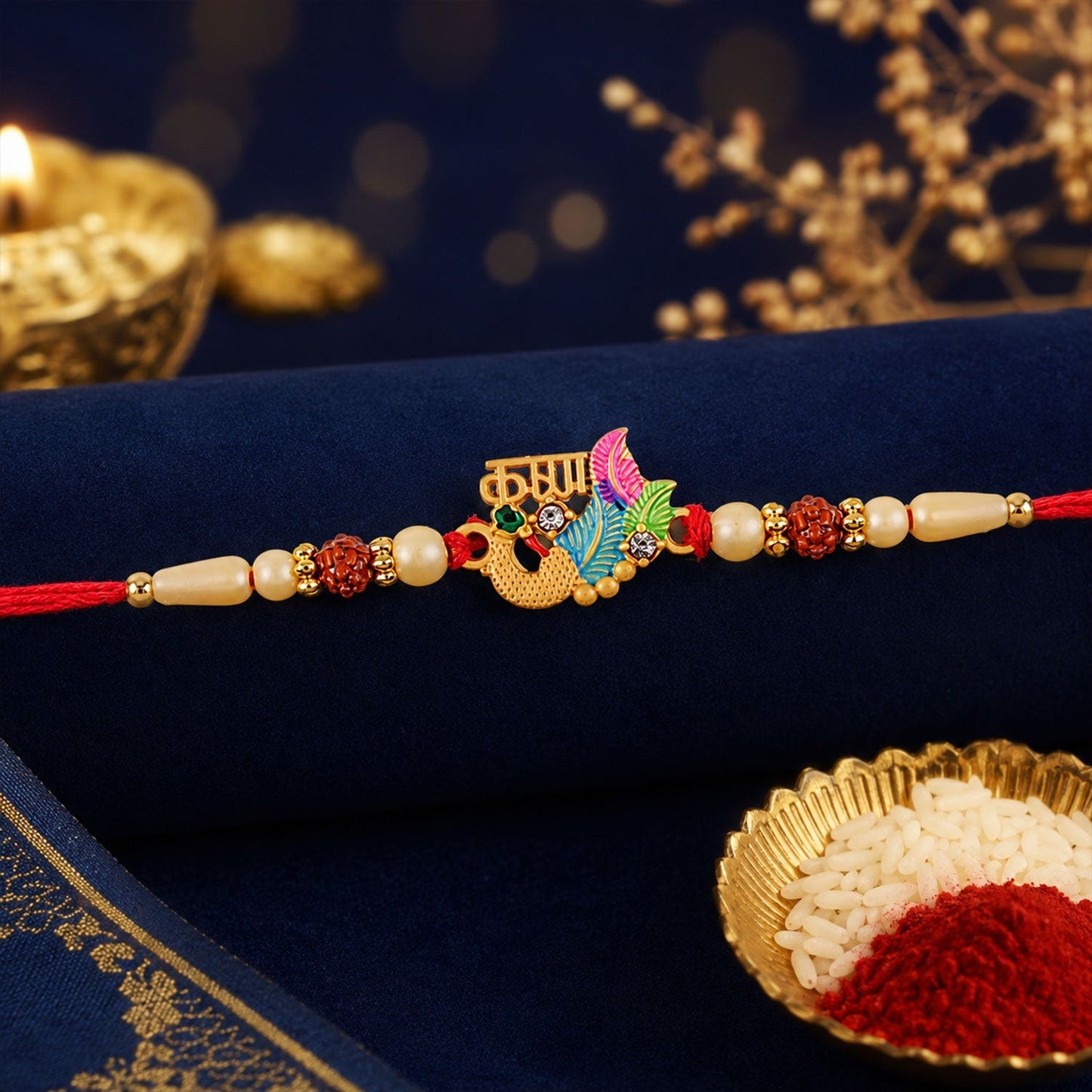 Beautiful traditional Lord Ganesha Rakhi with colorful enamel and gold accents