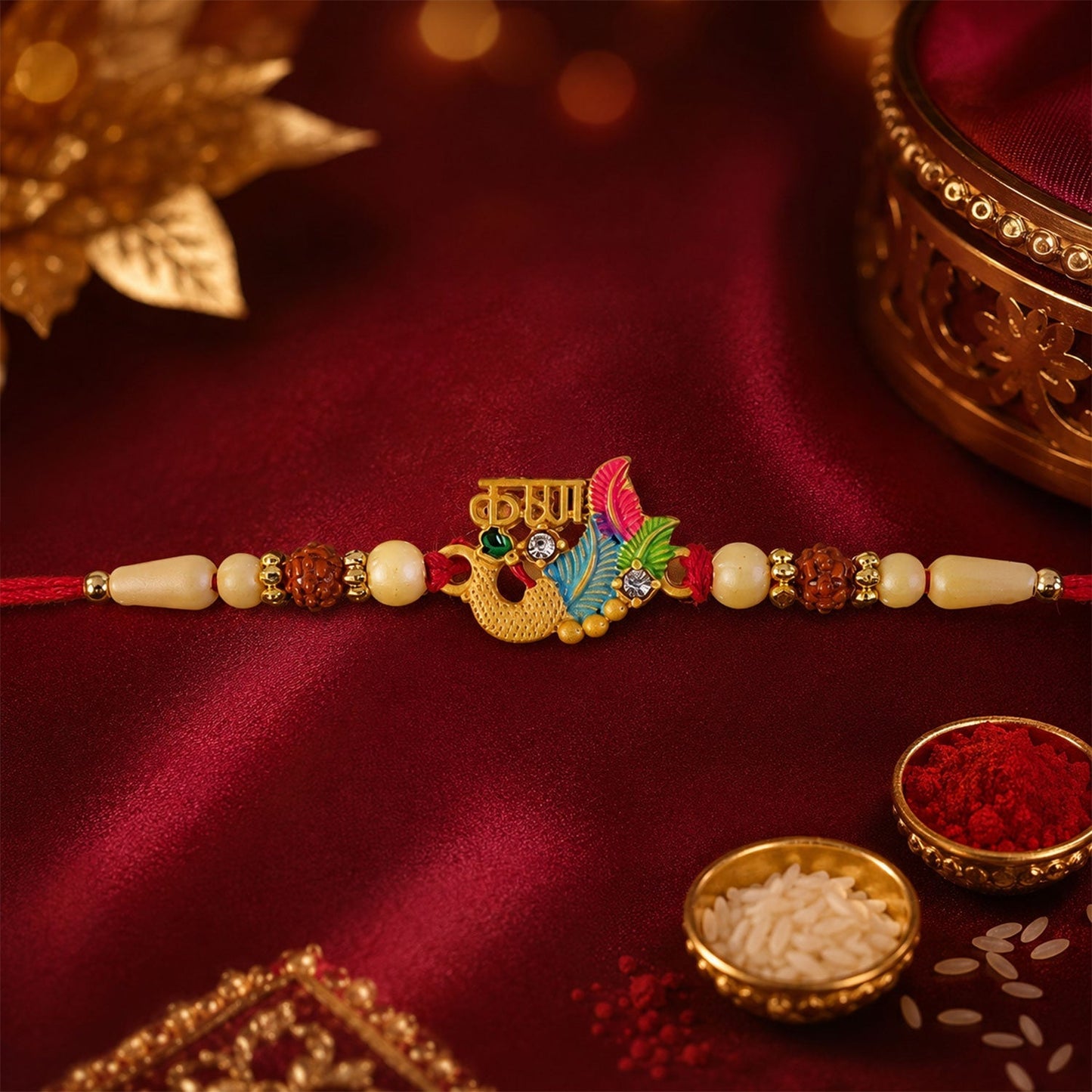 Decorative Lord Ganesha Rakhi in multicolor enamel and gold tone, perfect for festival celebrations