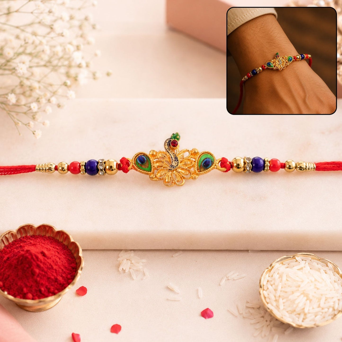 Close-up of Peacock Rakhi with multicolor stones and gold-tone finish.