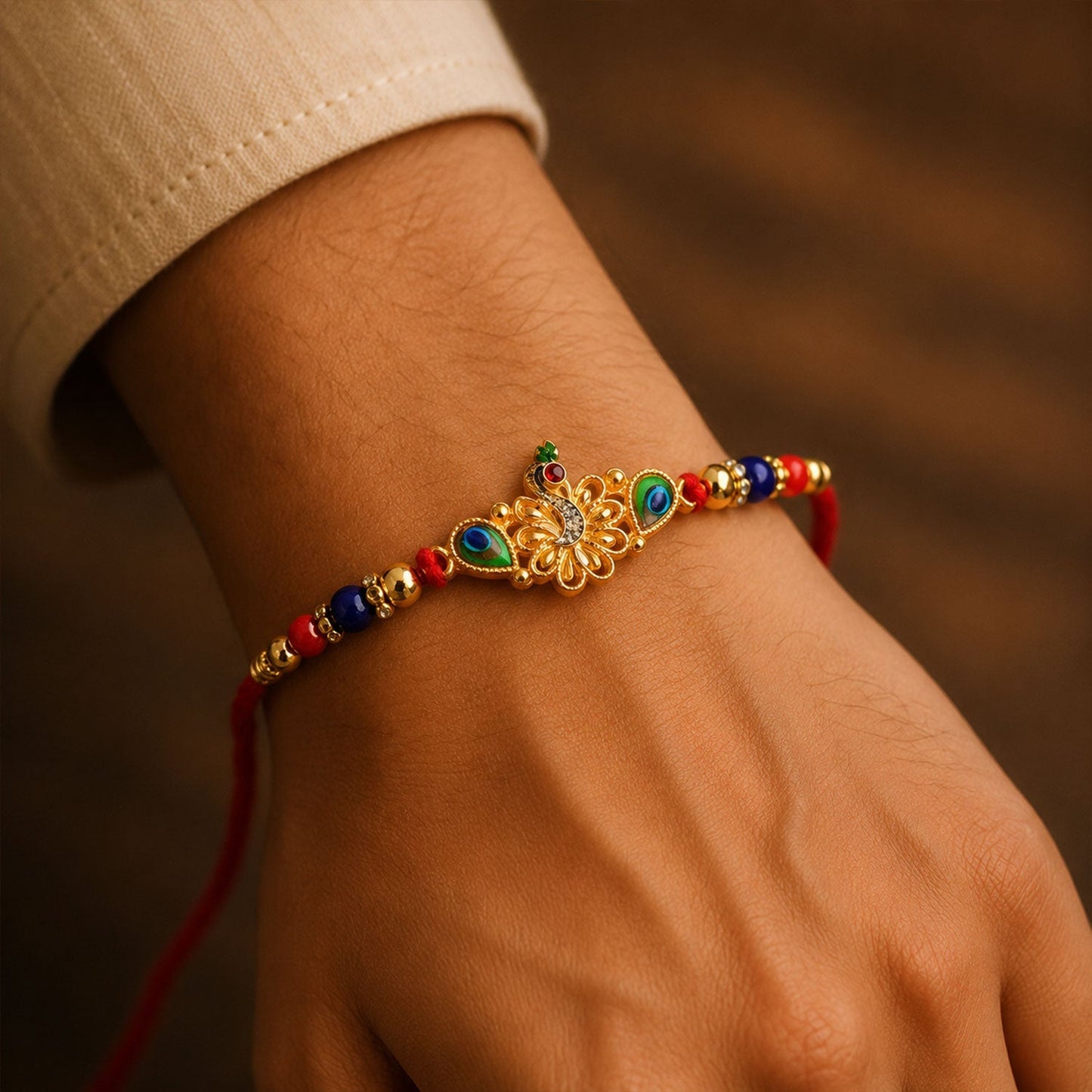 Elegant Peacock Rakhi for Rakshabandhan celebration, detailed view.