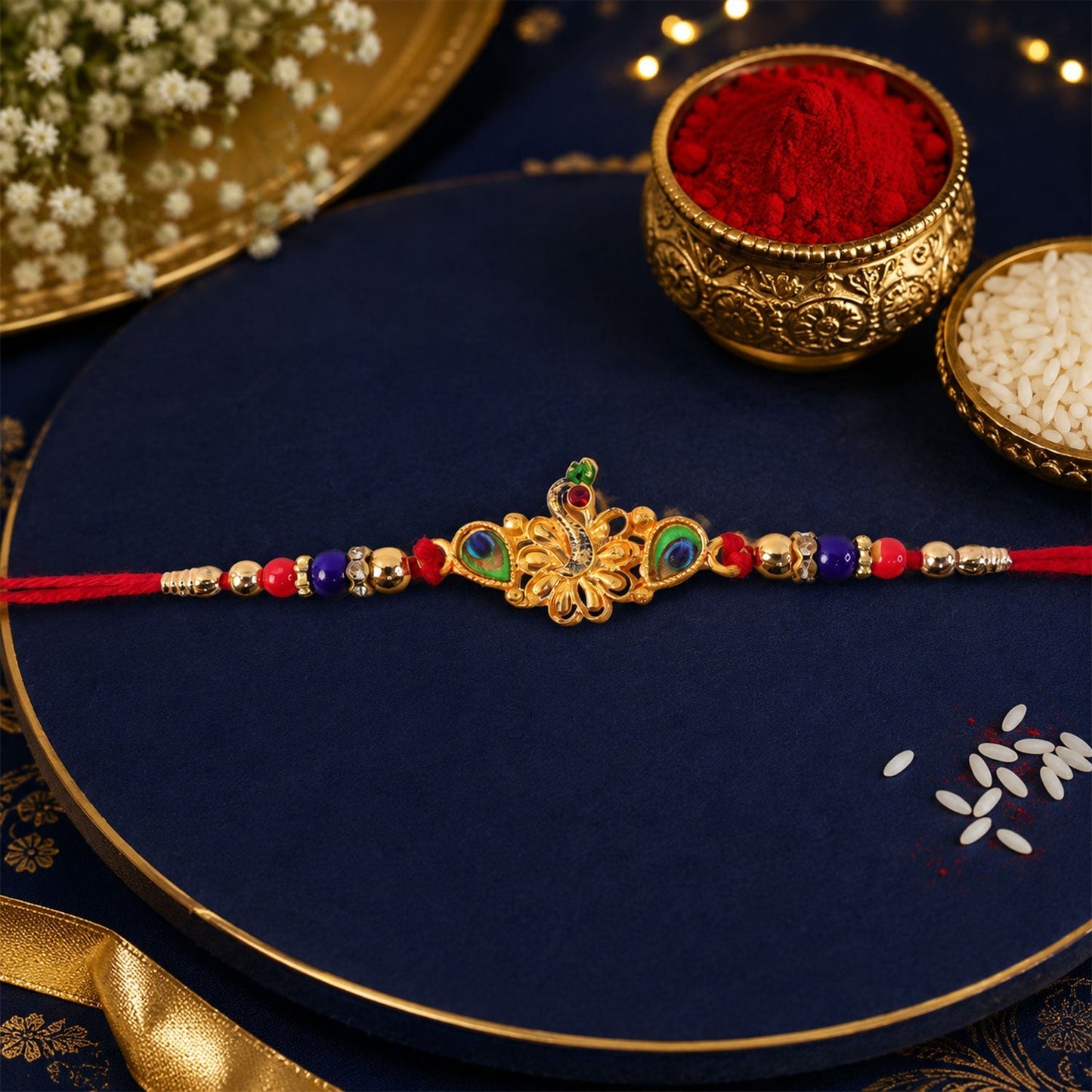 Decorative Peacock Rakhi shown with vibrant colors and intricate design.