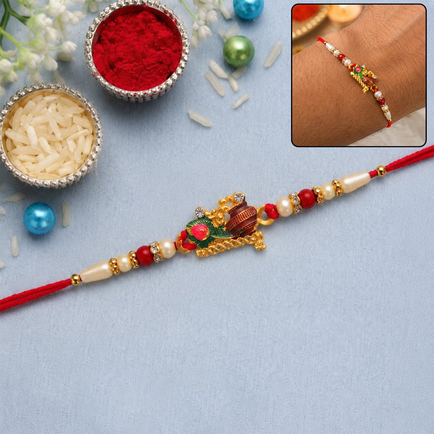 Peacock feather Rakhi with pearl beads for brother on festive occasion