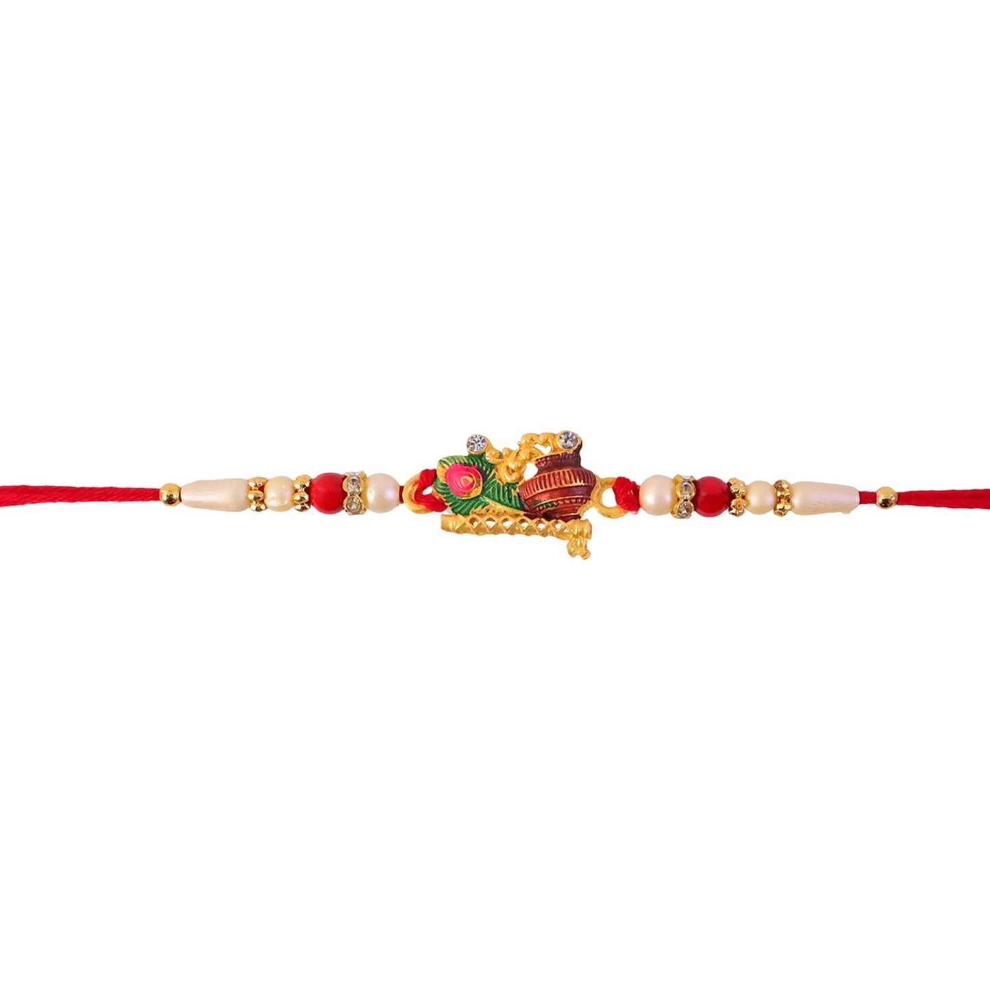 Beautiful festive Rakhi with peacock feather and pearl embellishments
