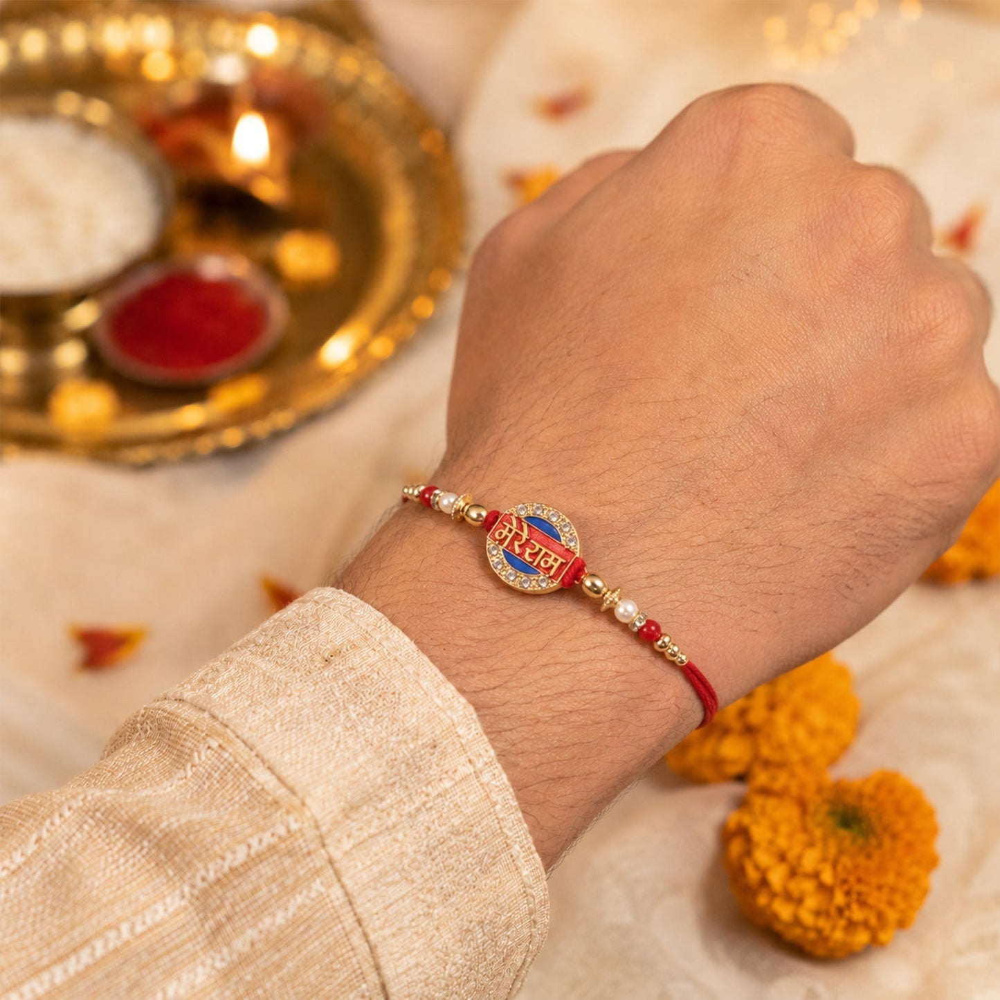 Traditional Rakhi with a beautiful red and gold design, suitable for brothers
