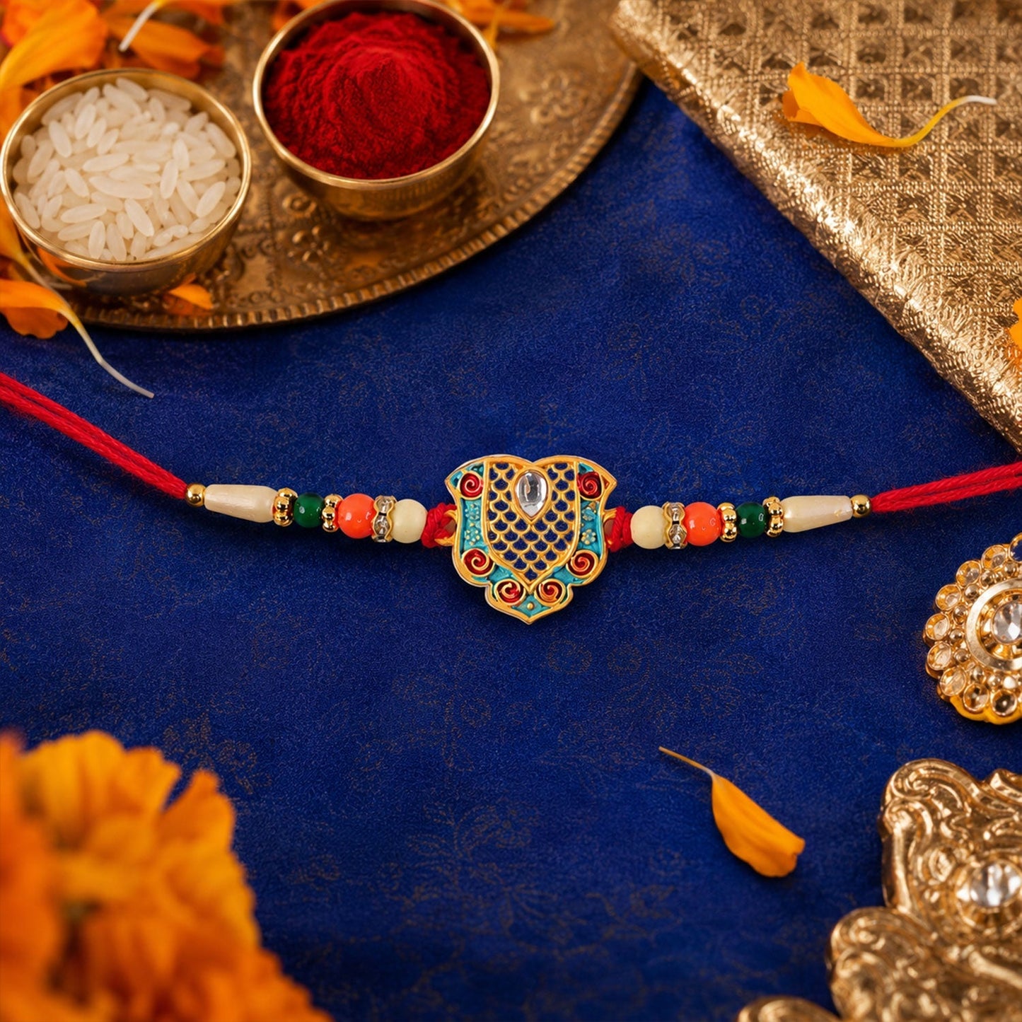 Elegant gold-tone Rakhi with vibrant enamel on white background