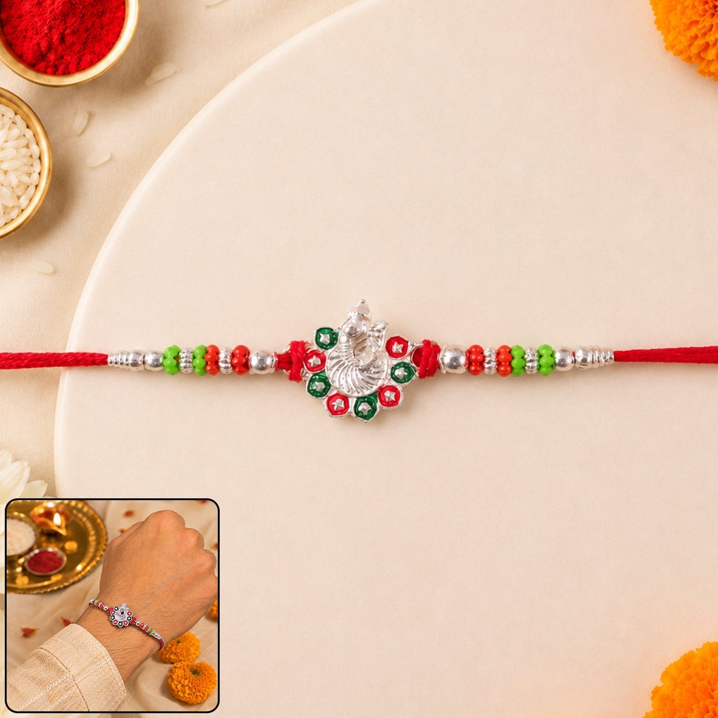 Close-up of silver-tone Rakhi with sparkling stones for Raksha Bandhan celebration