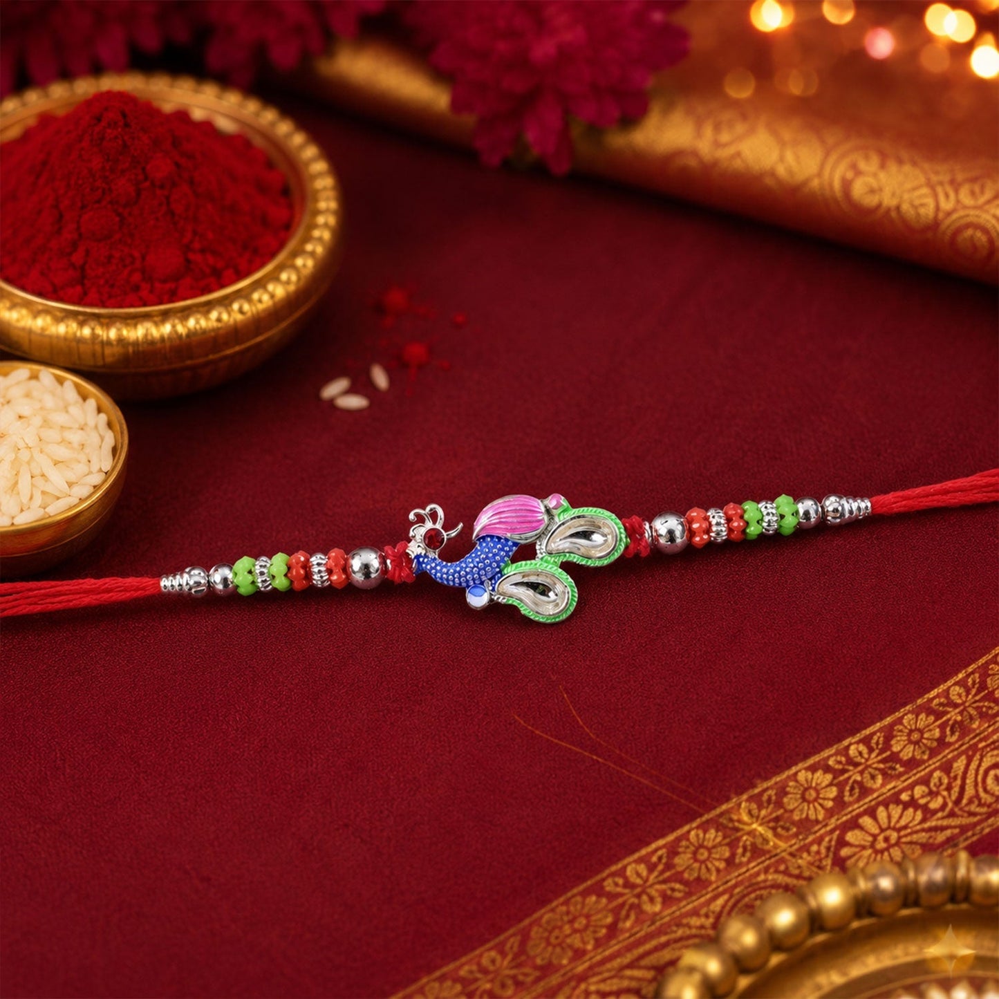 Premium multicolor stone-studded peacock Rakhi for brothers