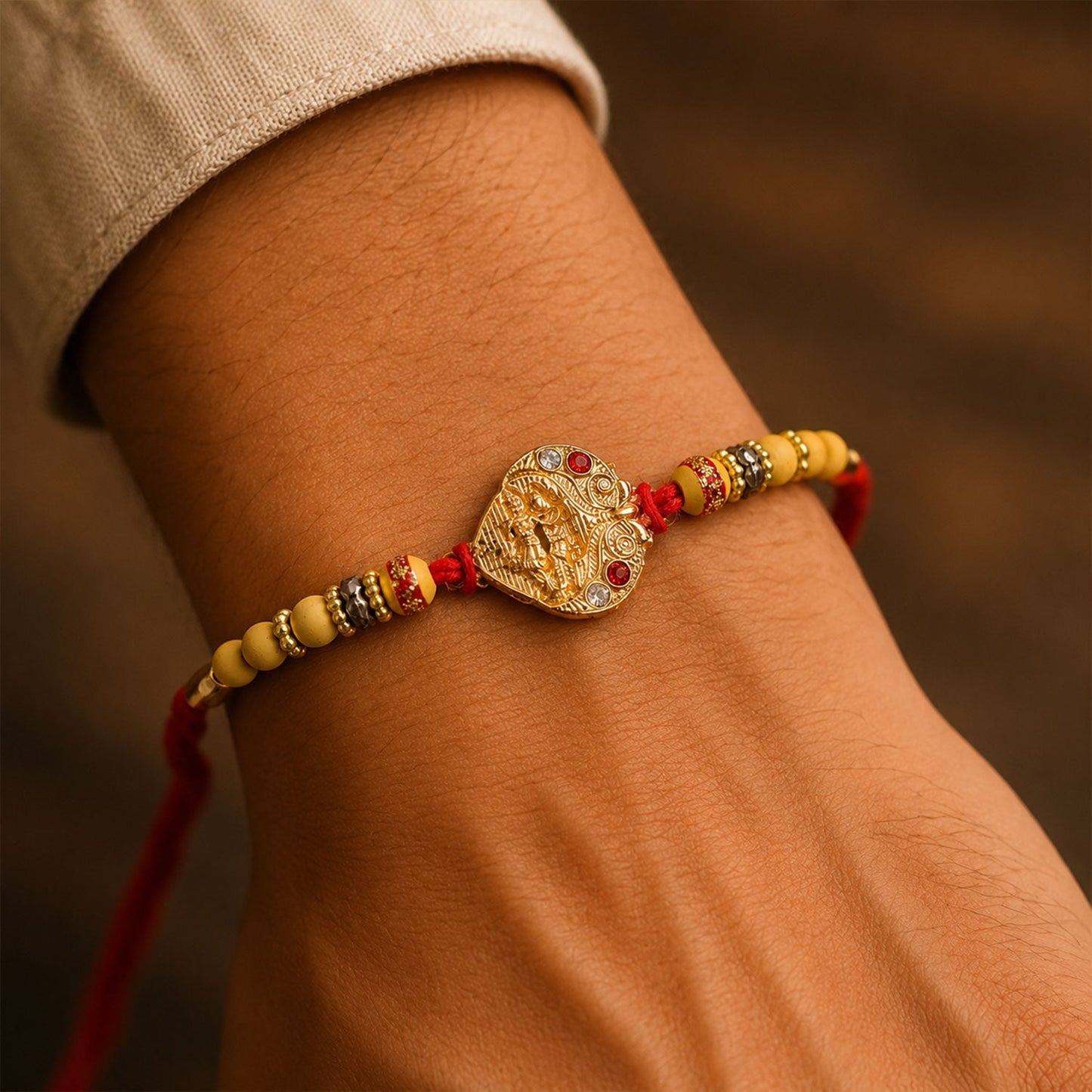 Close-up of Golden Tone Rakhi centerpiece showing detailed craftsmanship