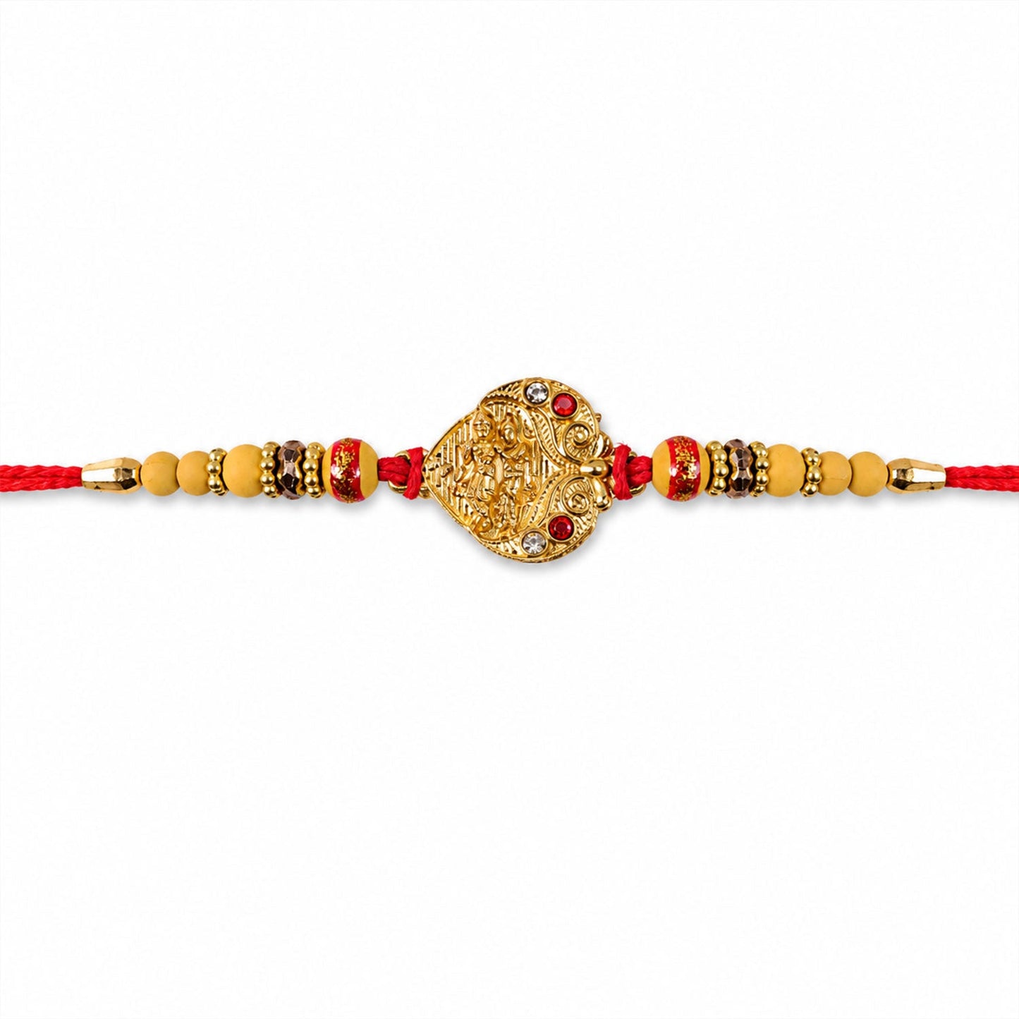 Golden Tone Rakhi on plain background emphasizing metallic finish