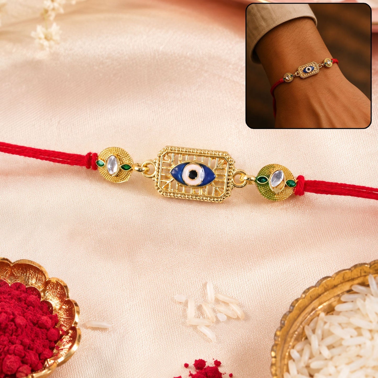 Close-up of evil eye stone-studded gold tone Rakhi for Rakshabandhan