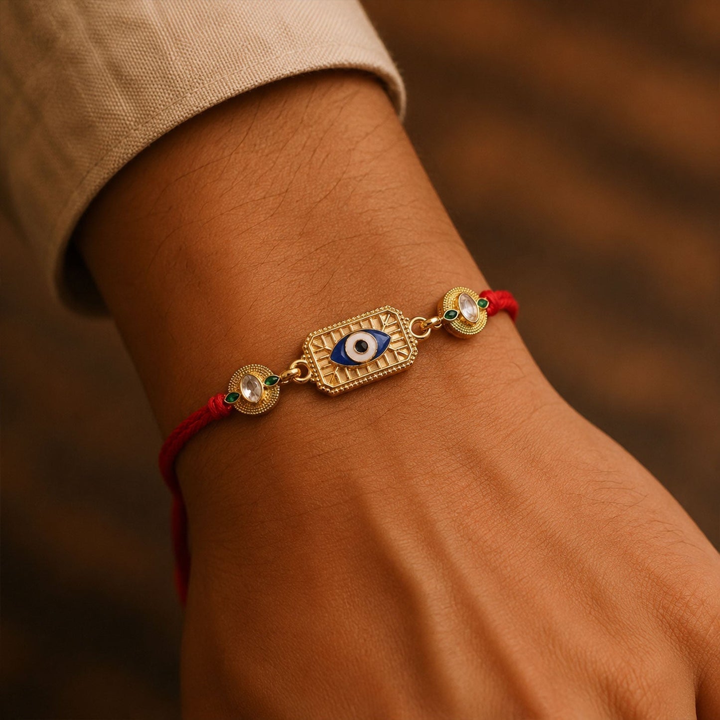 Stylish evil eye Rakhi with stones, ideal for brother Rakshabandhan celebration