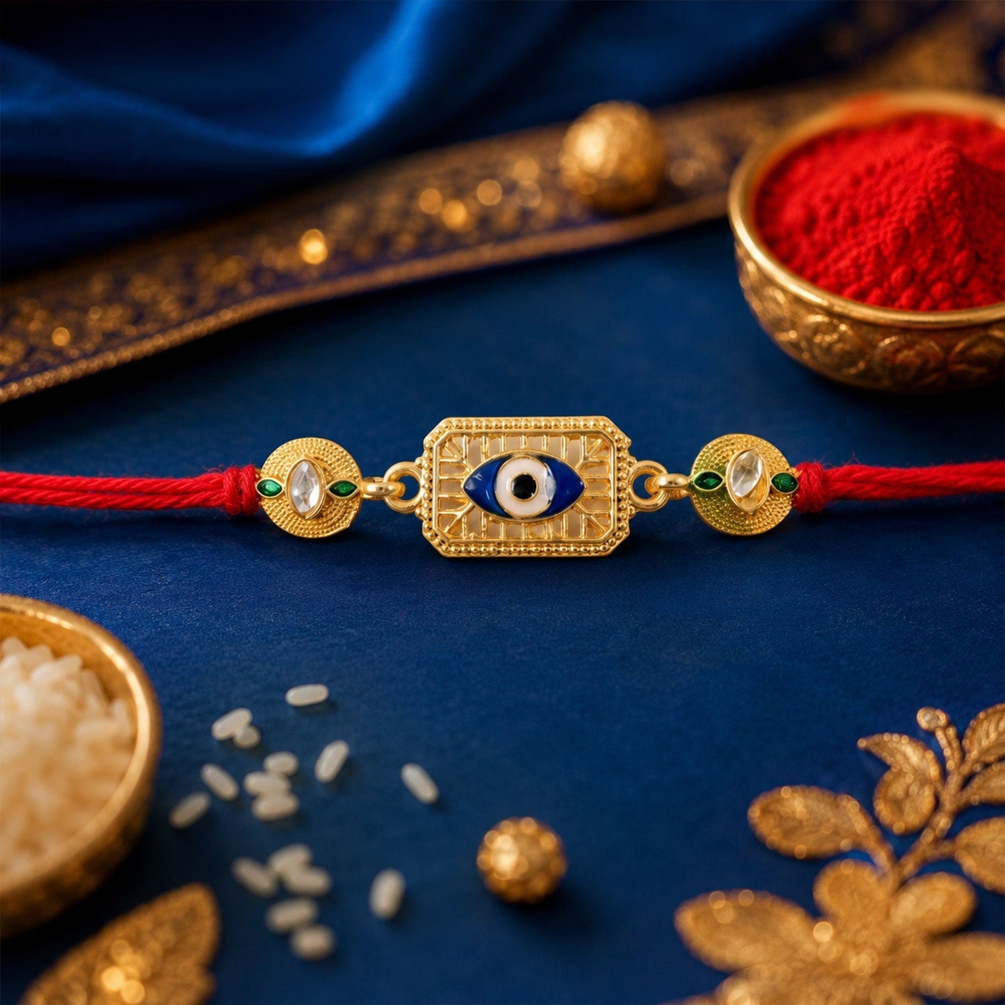 Elegant gold-tone evil eye Rakhi with stones and thread detail