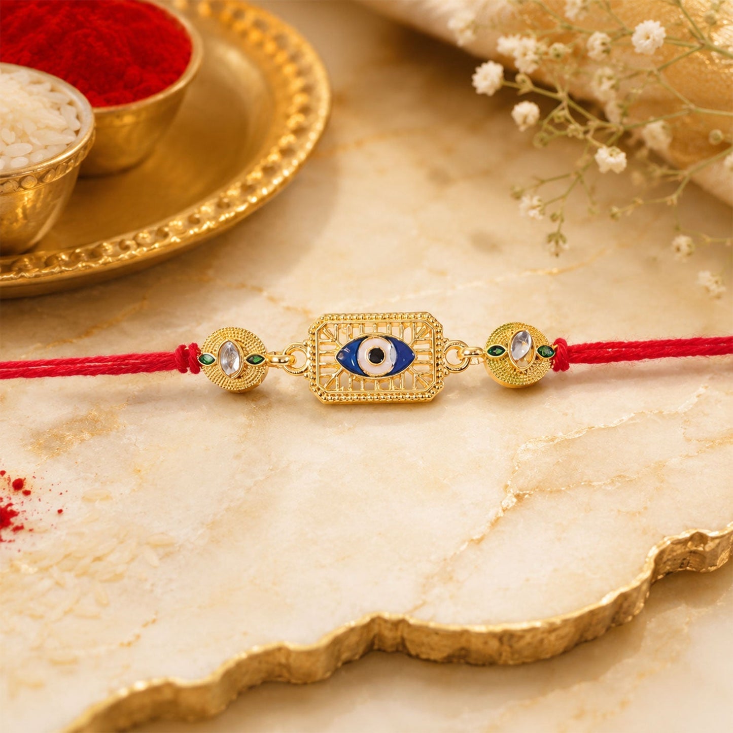 Festive Rakhi with evil eye charm, suitable for brothers of all ages