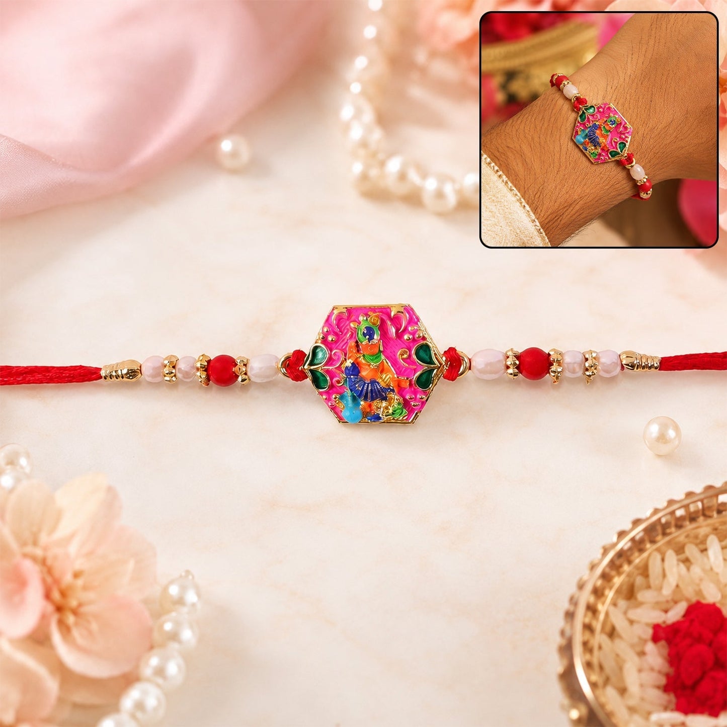 Close-up of multicolor enamel gold tone rakhi with intricate design