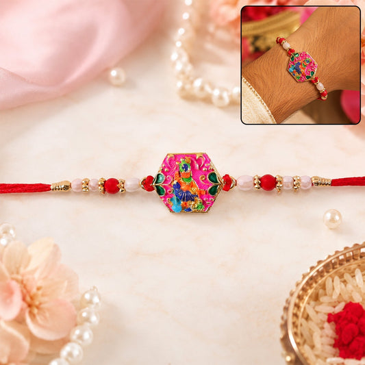 Close-up of multicolor enamel gold tone rakhi with intricate design