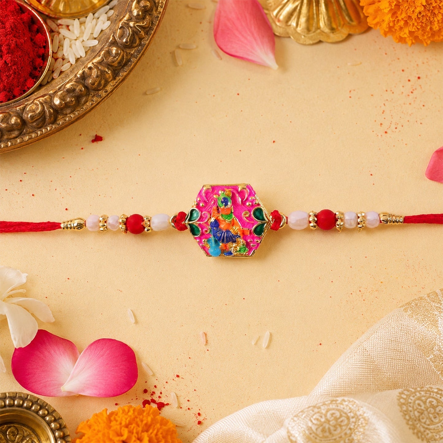 Side view of vibrant multicolor enamel rakhi with detailed craftsmanship