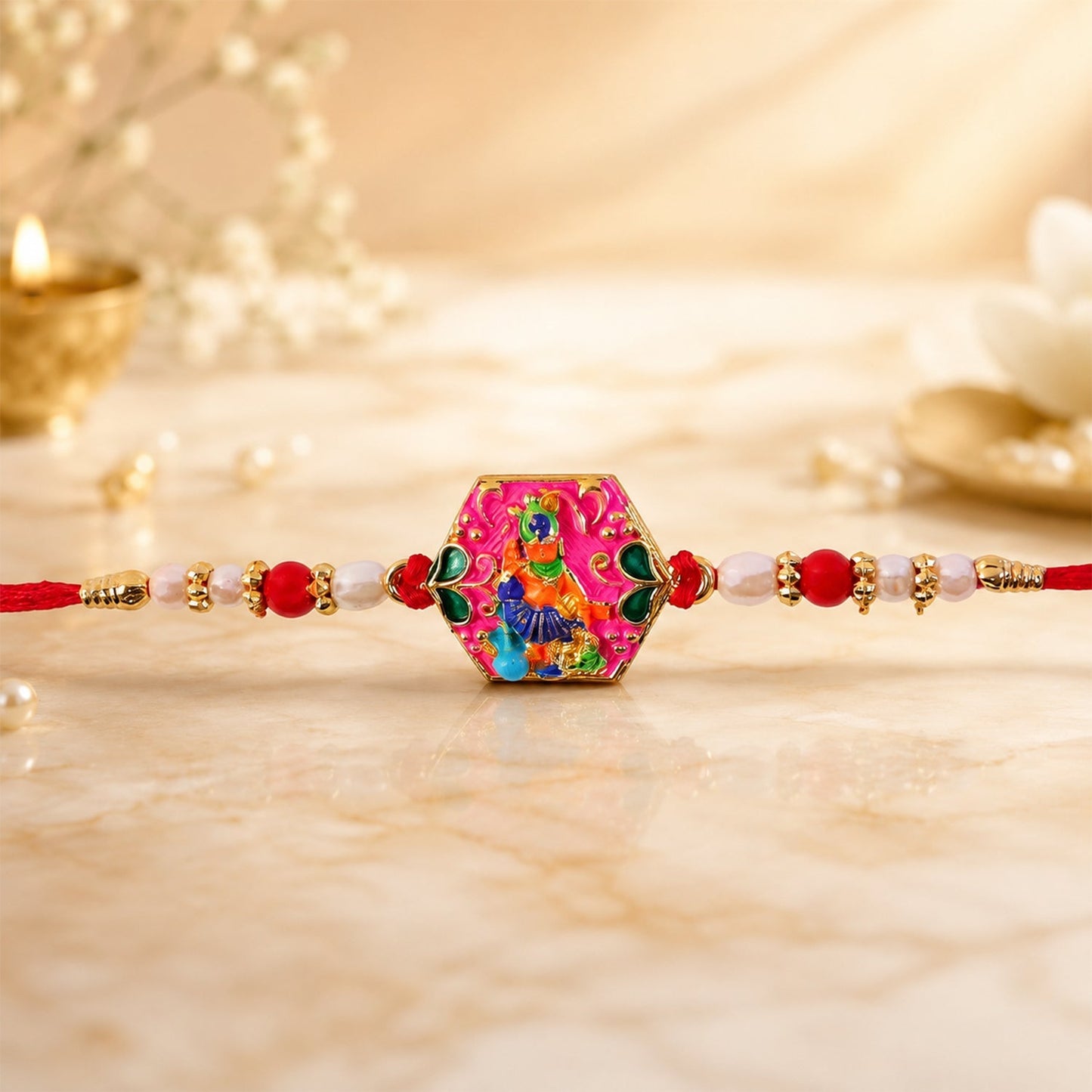 Top view of multicolor enamel gold tone rakhi with decorative accents