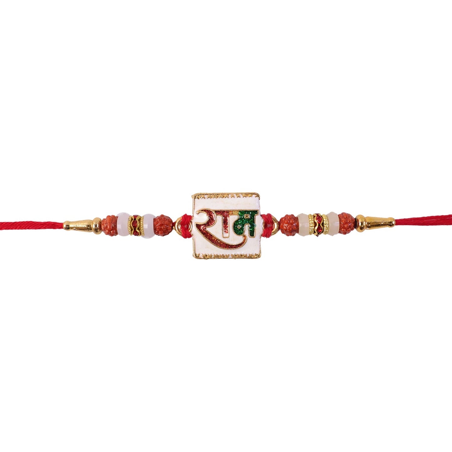 Another angle of Ram Text Gold Tone Rakhi emphasizing intricate design