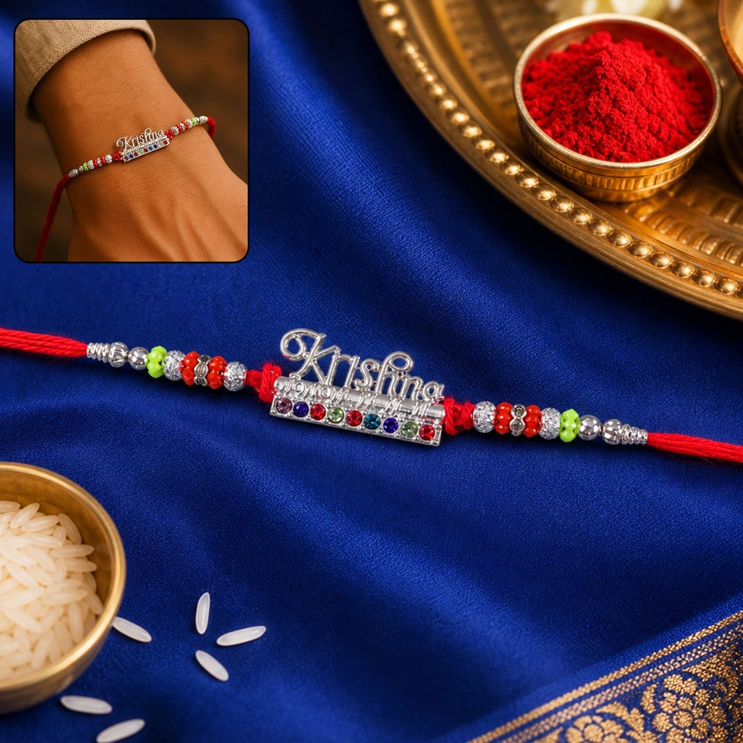 Krishna text stone-studded Rakhi for brother with attractive festive design