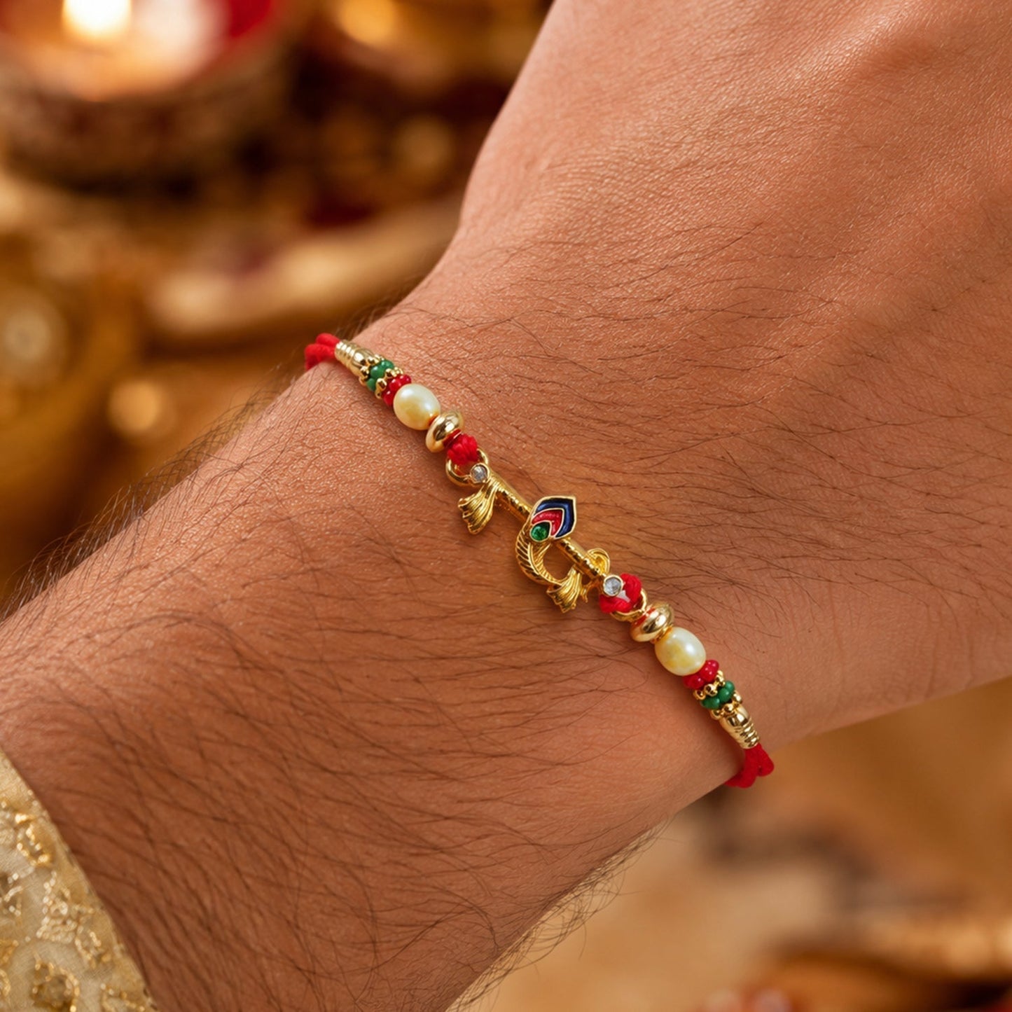Side view of intricate beadwork on Peacock Feather Rakhi