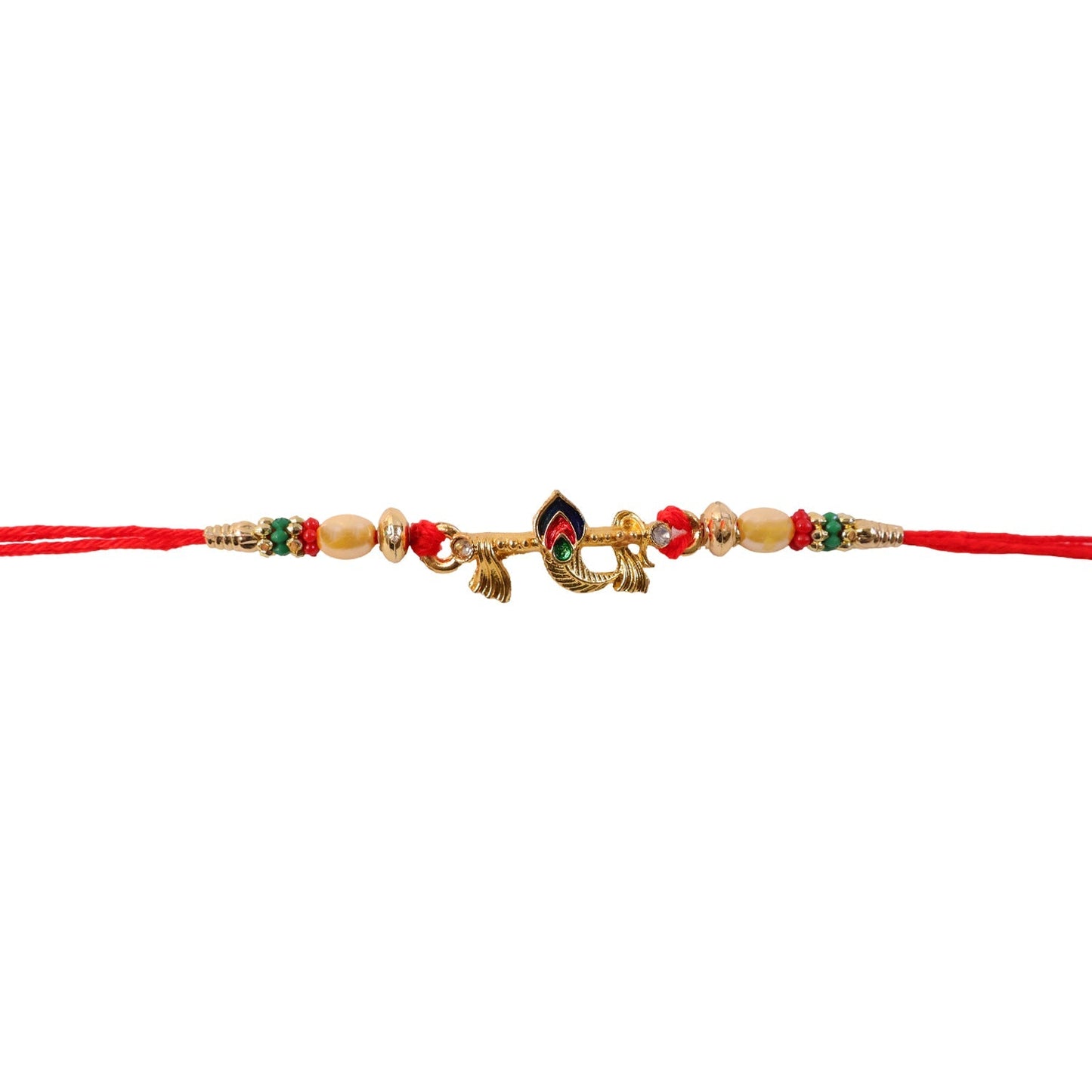 Red and gold thread of Peacock Feather Rakhi, showcasing comfort