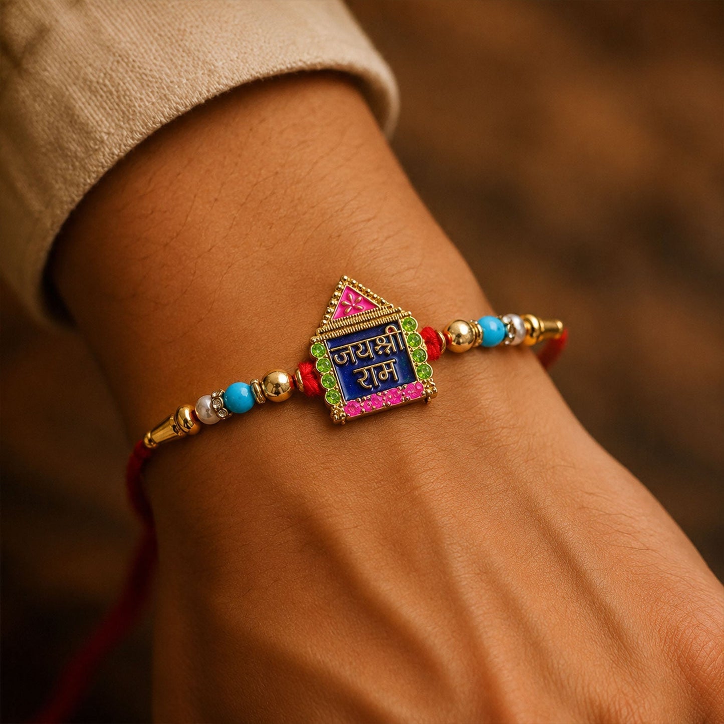 Colorful Jai Shree Ram rakhi with intricate enamel work and comfortable thread