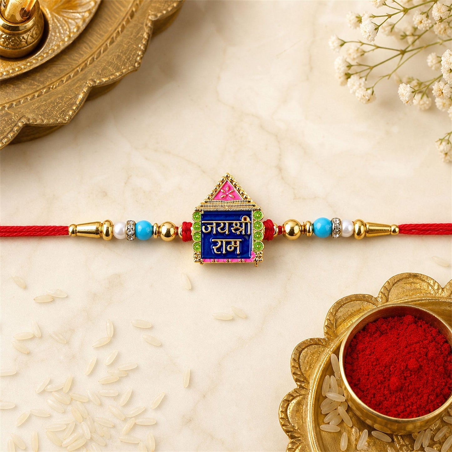 Festive Jai Shree Ram enamel rakhi in vibrant colors for Raksha Bandhan