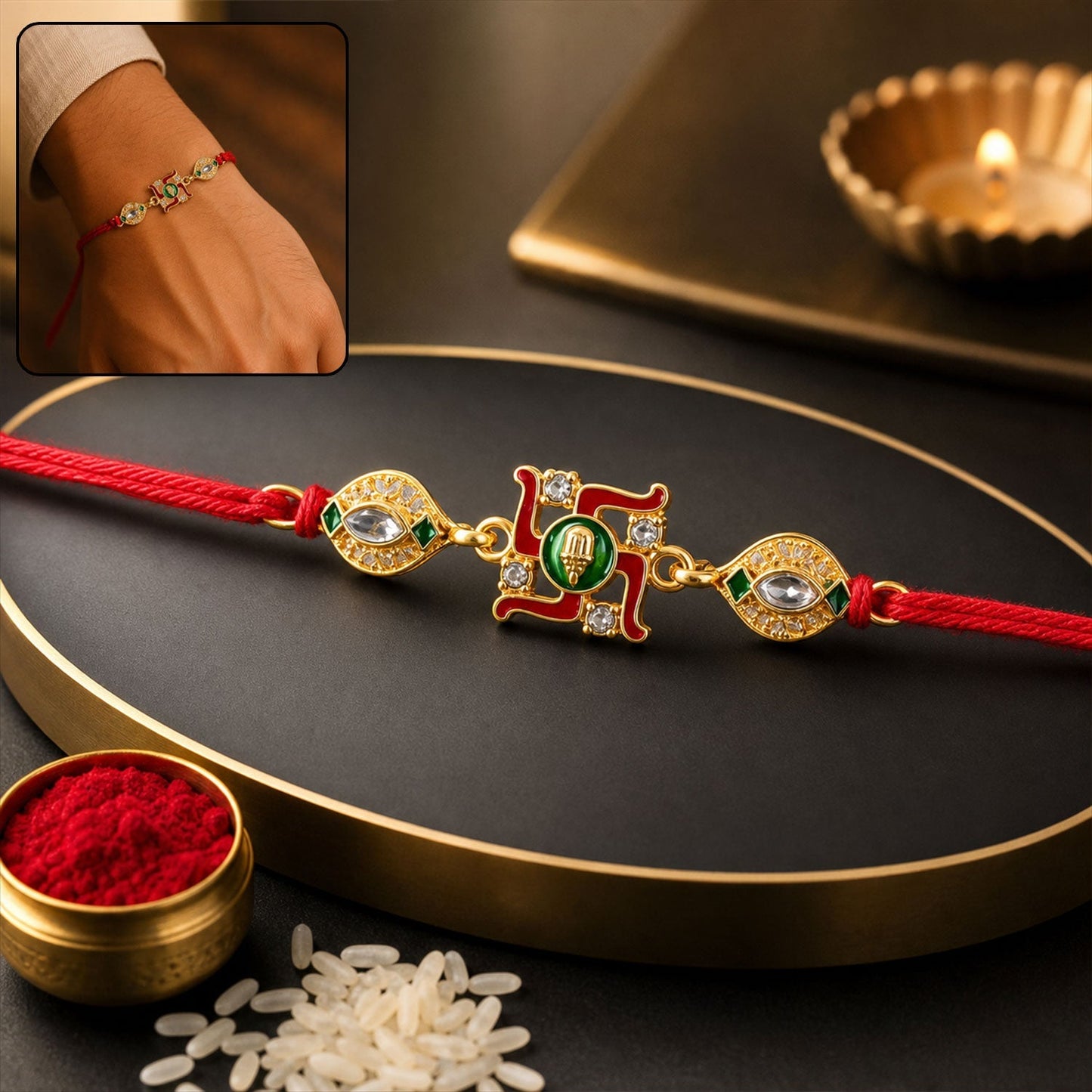 Close-up of Swastik Rakhi with red, green enamel and gold-tone finish making it perfect for Raksha Bandhan.