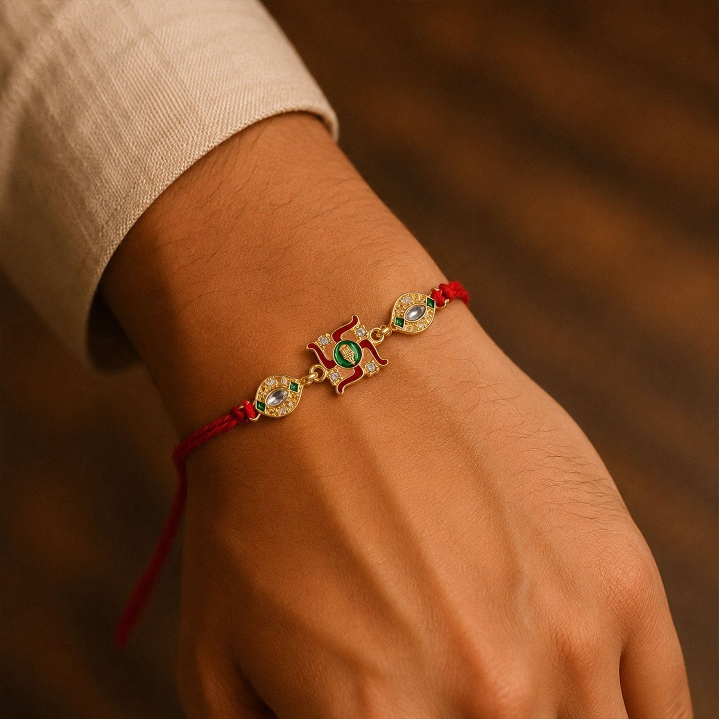 Elegant Swastik Rakhi with vibrant enamel work and traditional design, suitable for brothers or gift.