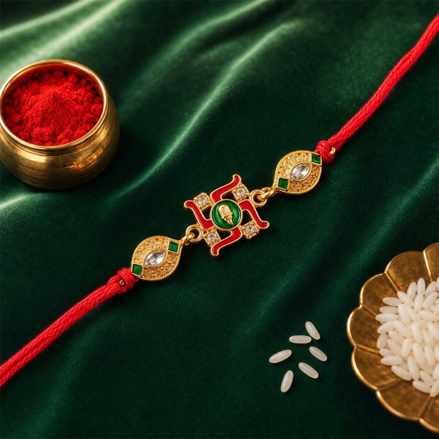 Festive Swastik Rakhi displayed on a decorative background for Raksha Bandhan celebration.