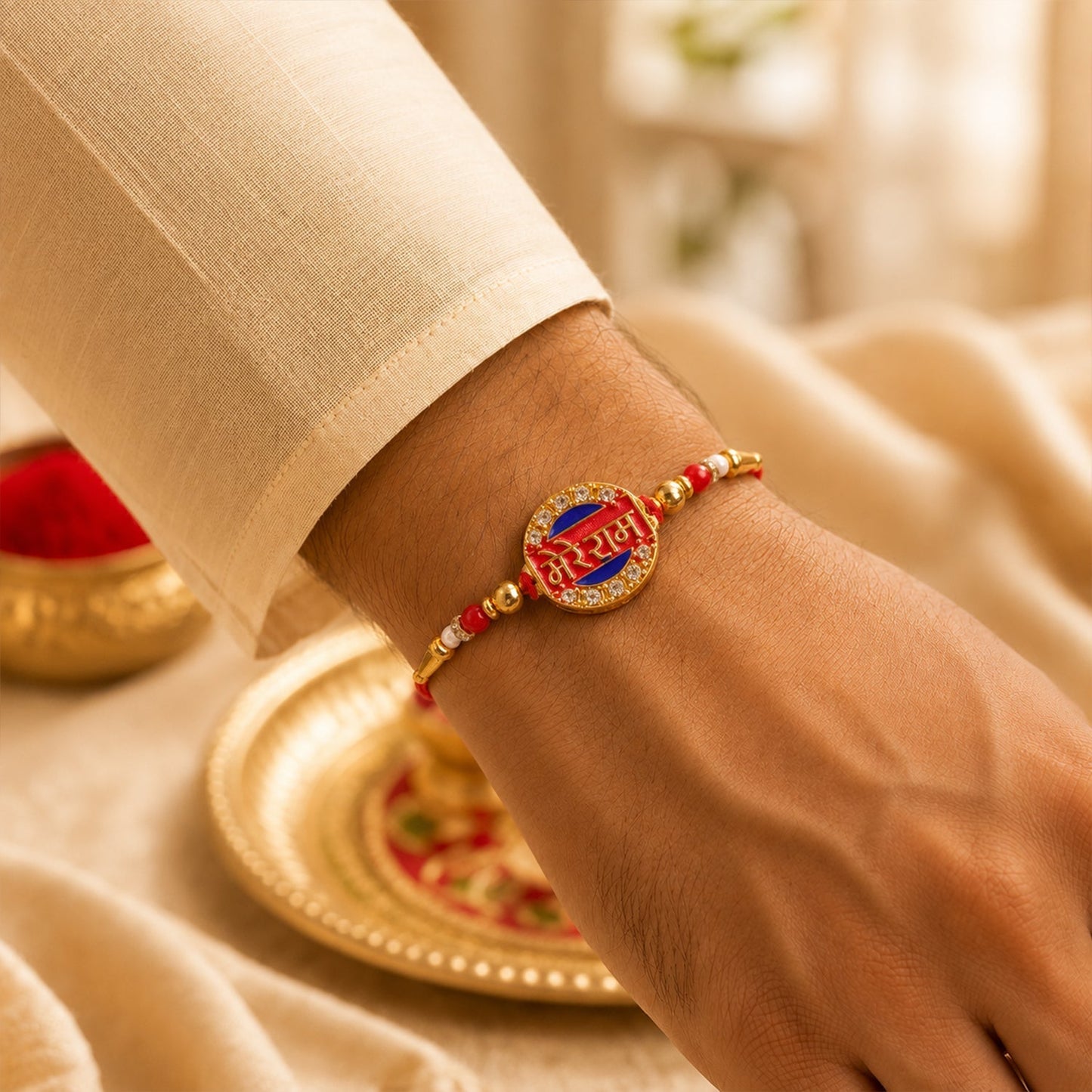 Top view of gold tone Rakhi with intricate stone details