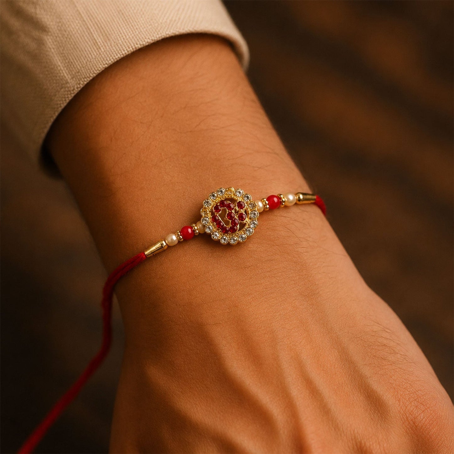 Close-up of Om symbol and stone work on Rakhi, detailed design