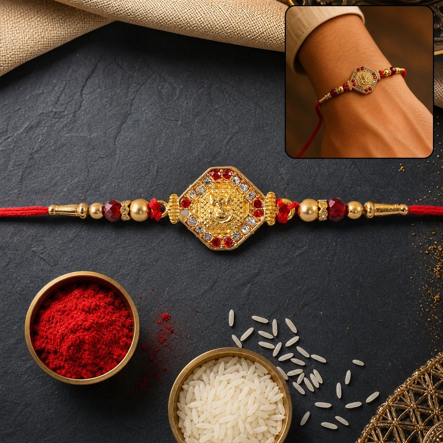 Lord Ganesha red enamel Rakhi with gold tone finish, traditional design for Raksha Bandhan