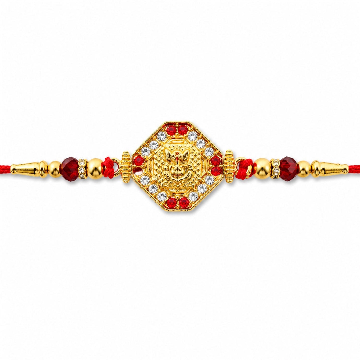 Elegant Lord Ganesha Rakhi in red with gold tone, ideal for Rakhi celebrations