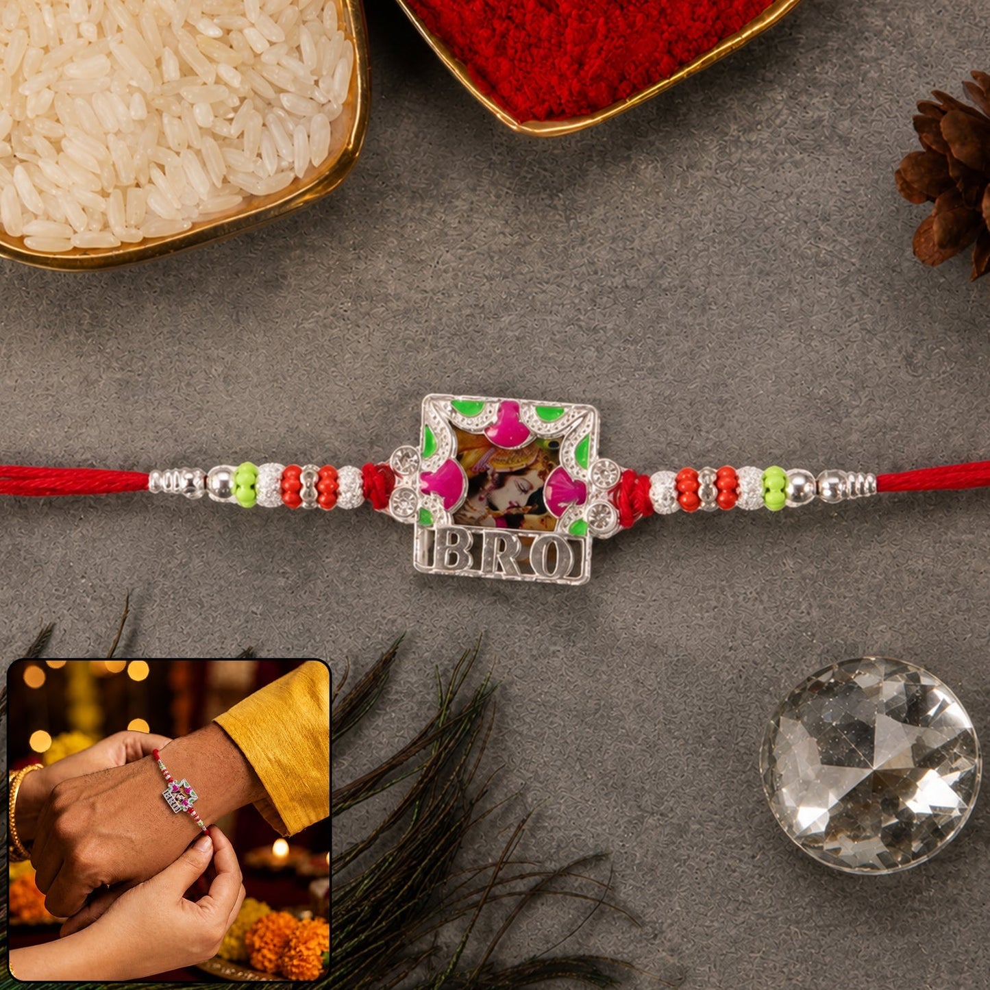Multicolor enamel 'Bro' text frame Rakhi for brother with vibrant colors