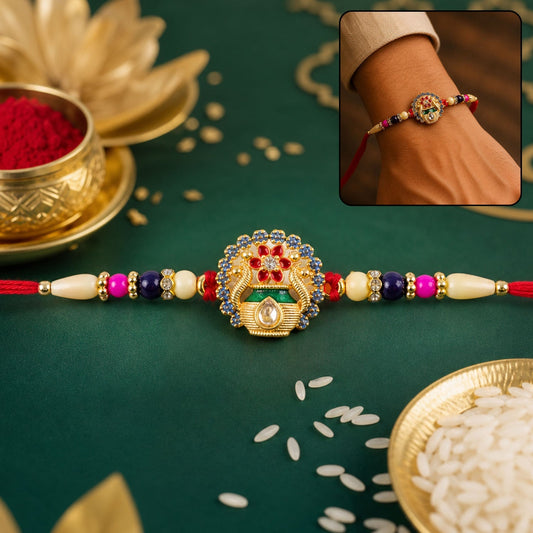 Kalash Rakhi with vibrant beads and traditional design