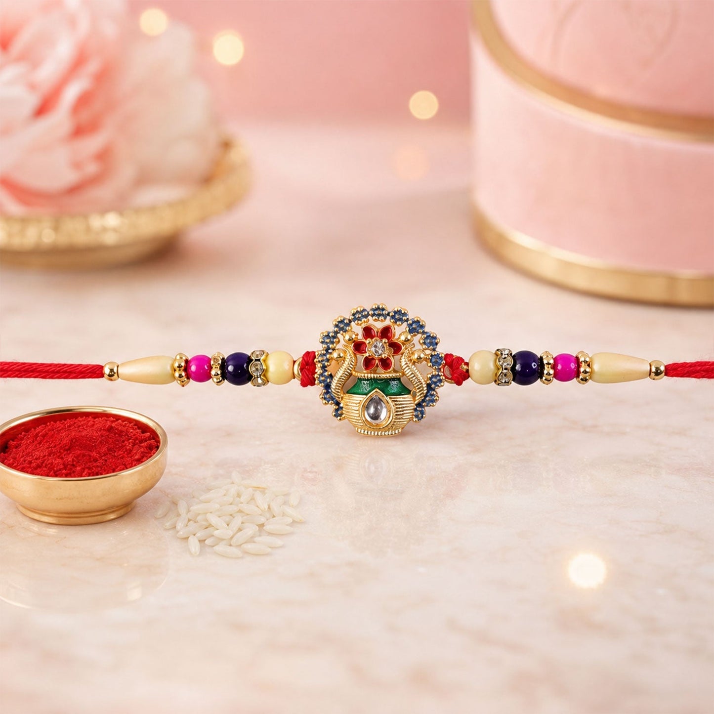 Close-up of Kalash design with vibrant beads on Rakhi