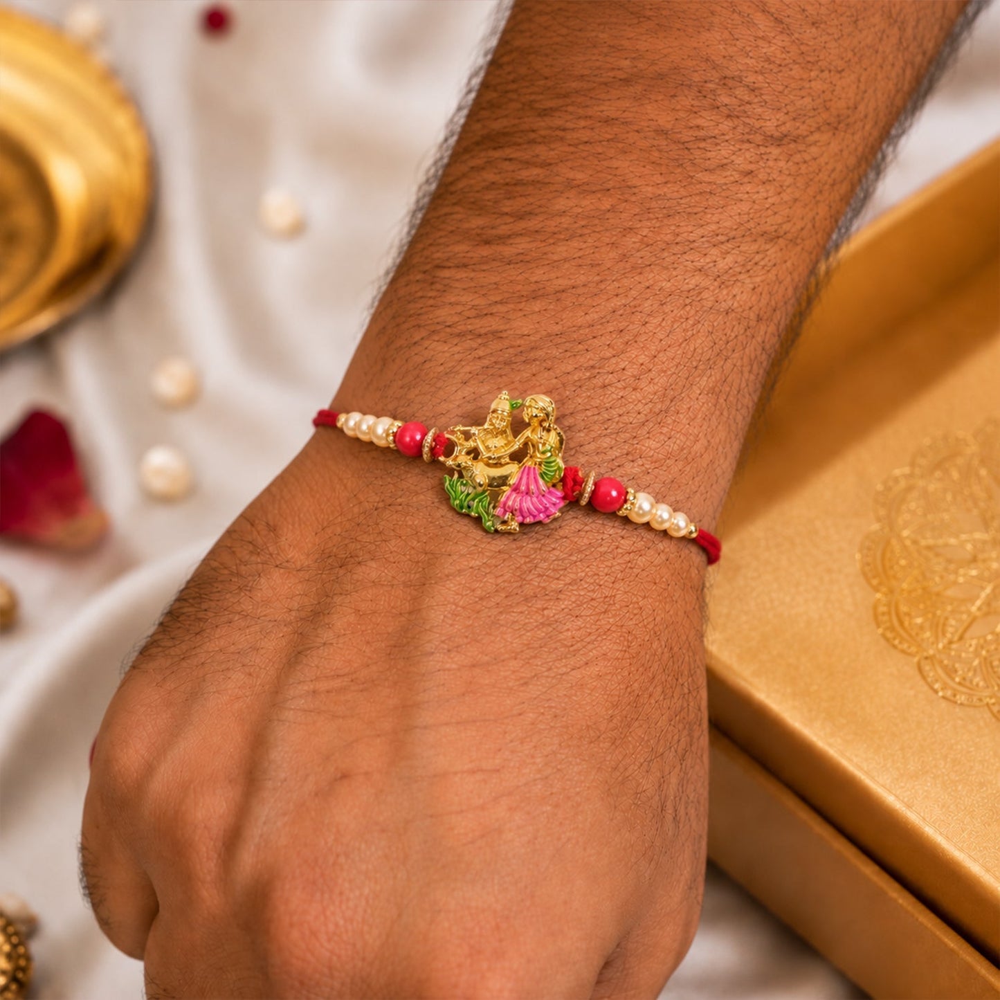 Comfortable thread on Radha Krishna rakhi showing intricate design