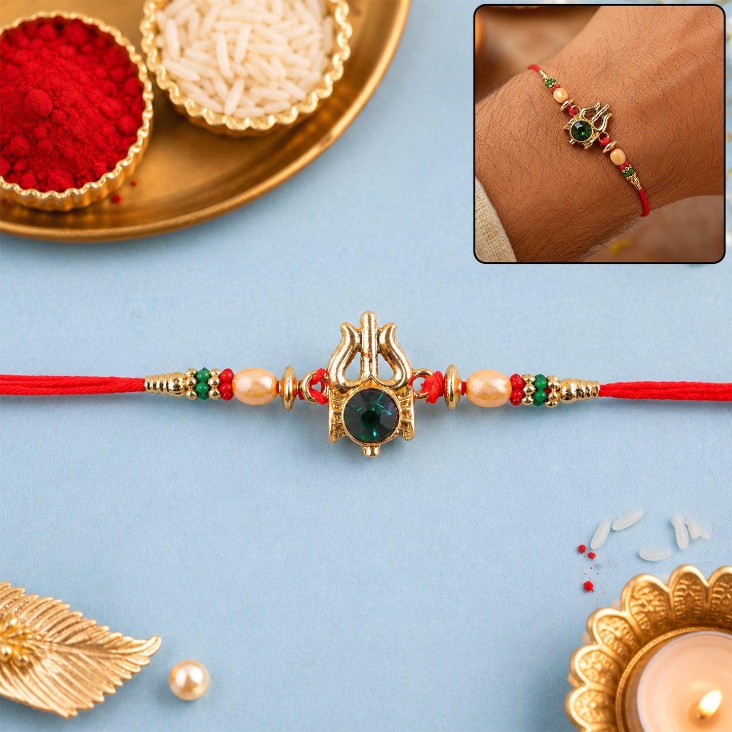 Beautiful stone-studded traditional Rakhi with gold-tone finish for Rakshabandhan