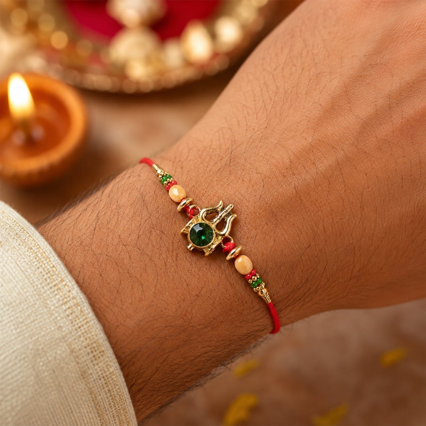 Elegant traditional Rakhi with gold accents and embellishments