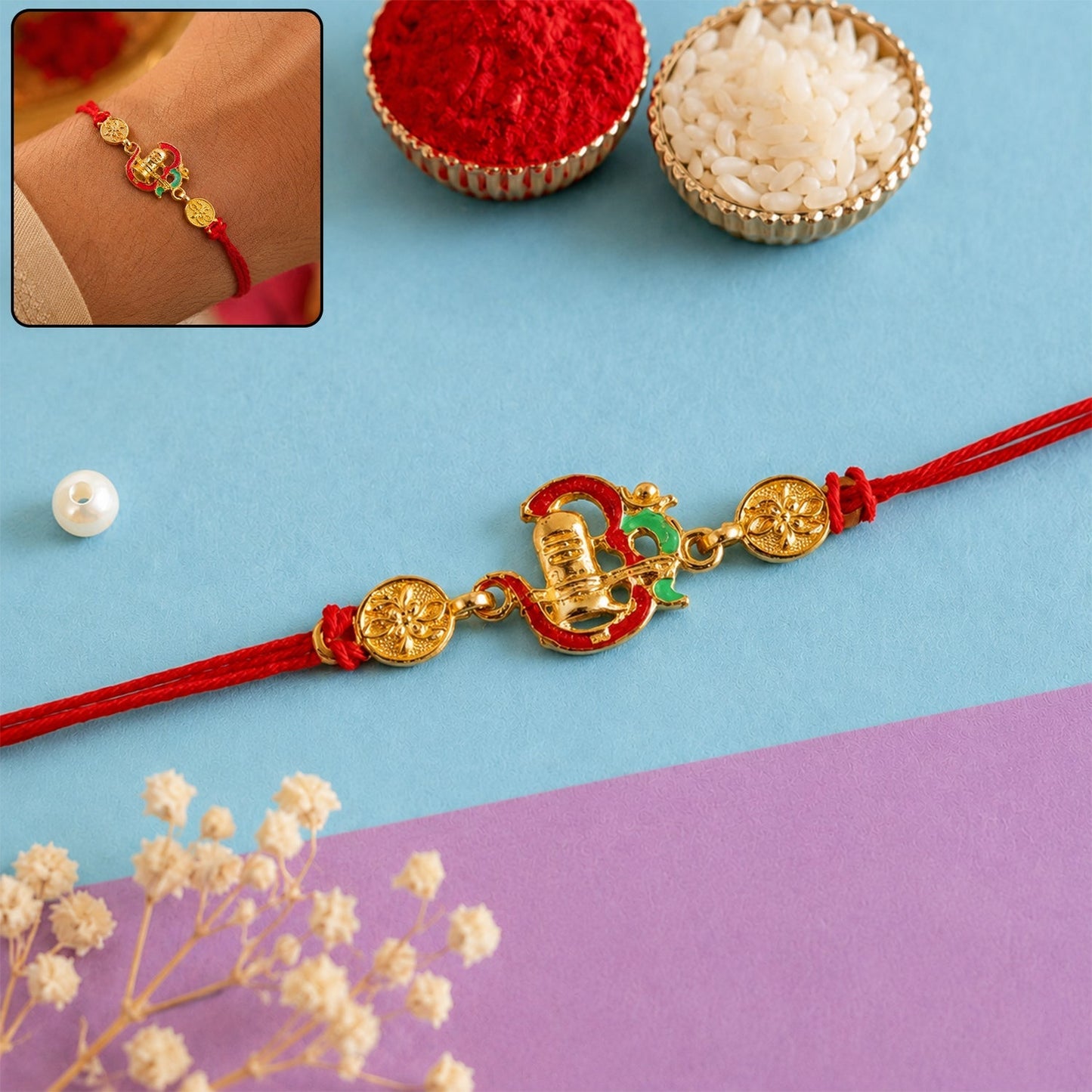Close-up of Shivling enamel design on luxurious Rakhi
