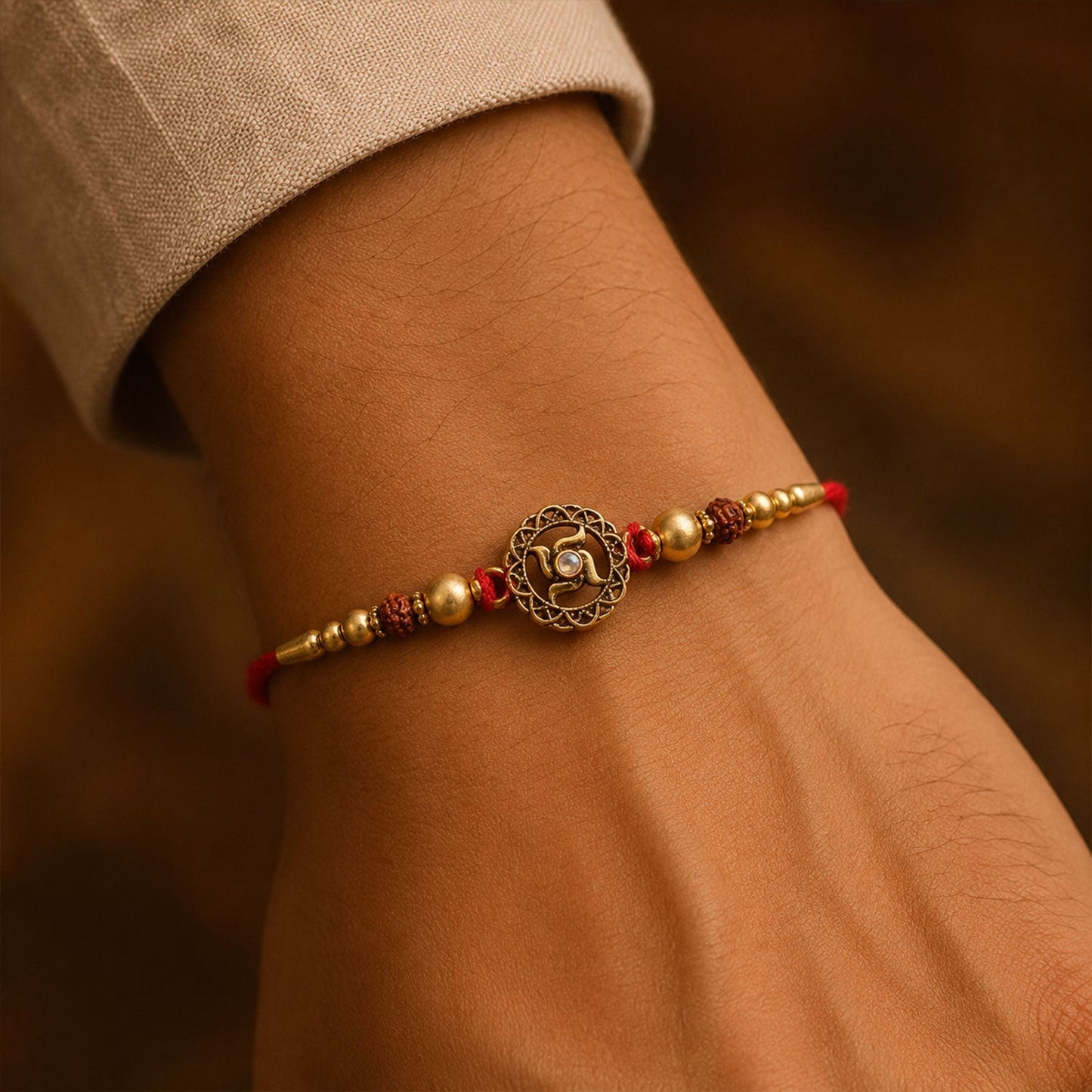 Golden Swastik Rakhi, angled view showing crystal details