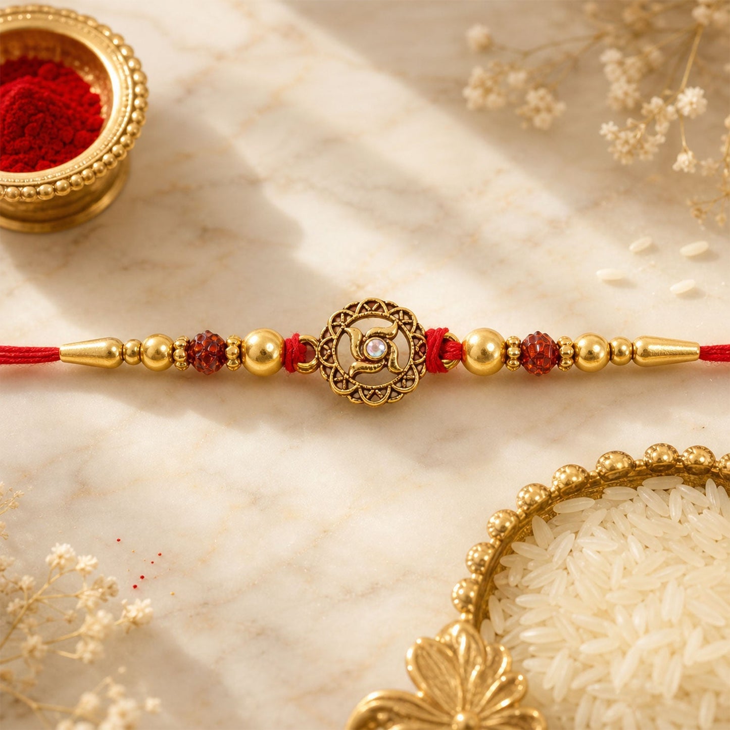 Golden Swastik Rakhi showcasing comfortable red & gold thread