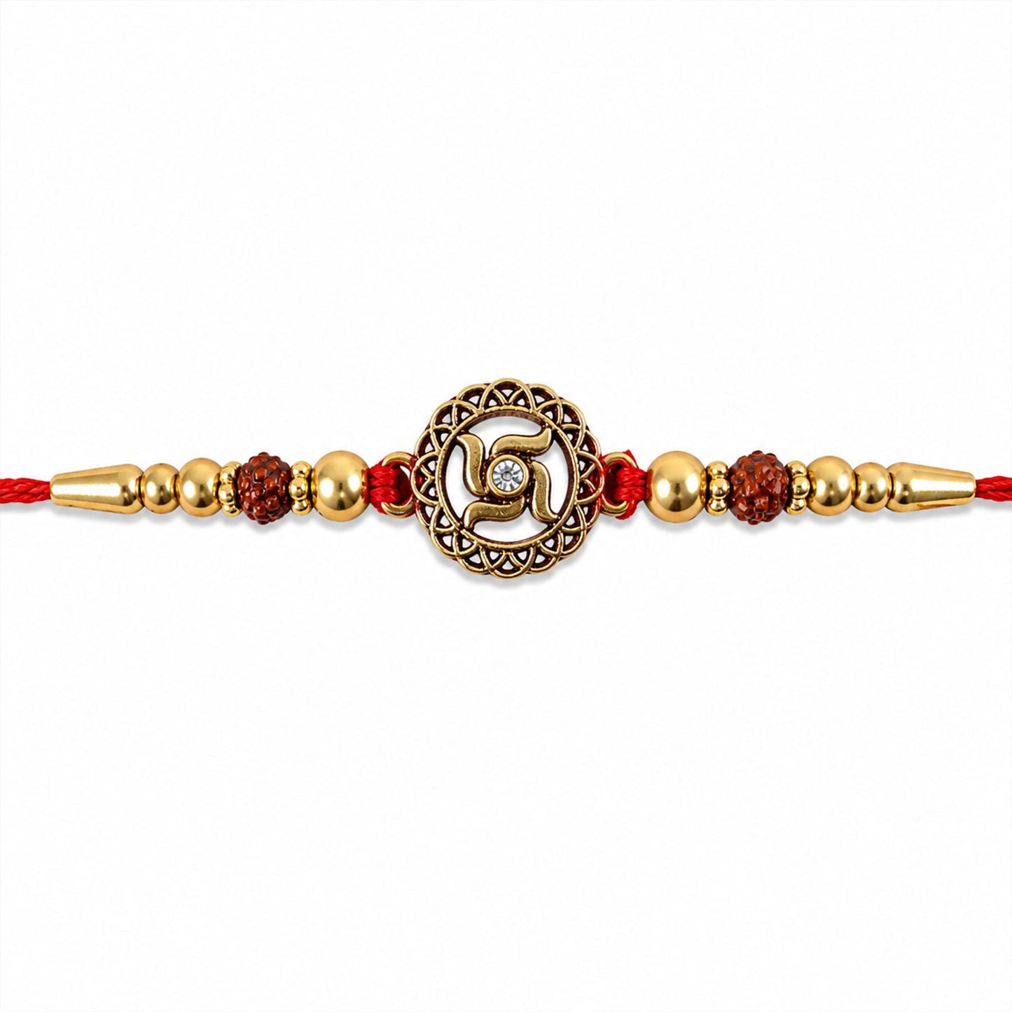 Golden Swastik Rakhi, top-down view of design