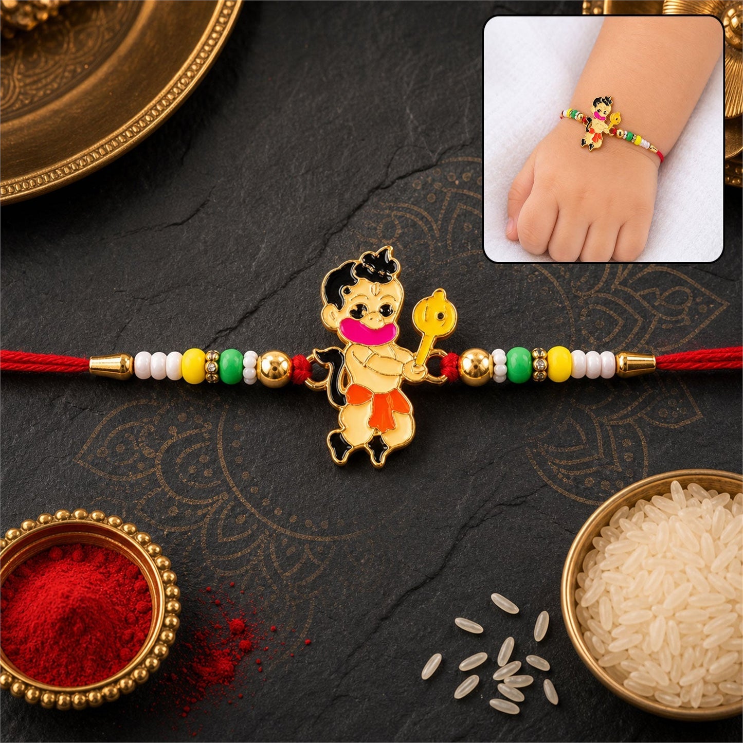 Colorful Bal Hanuman enamel Rakhi with intricate design for brother