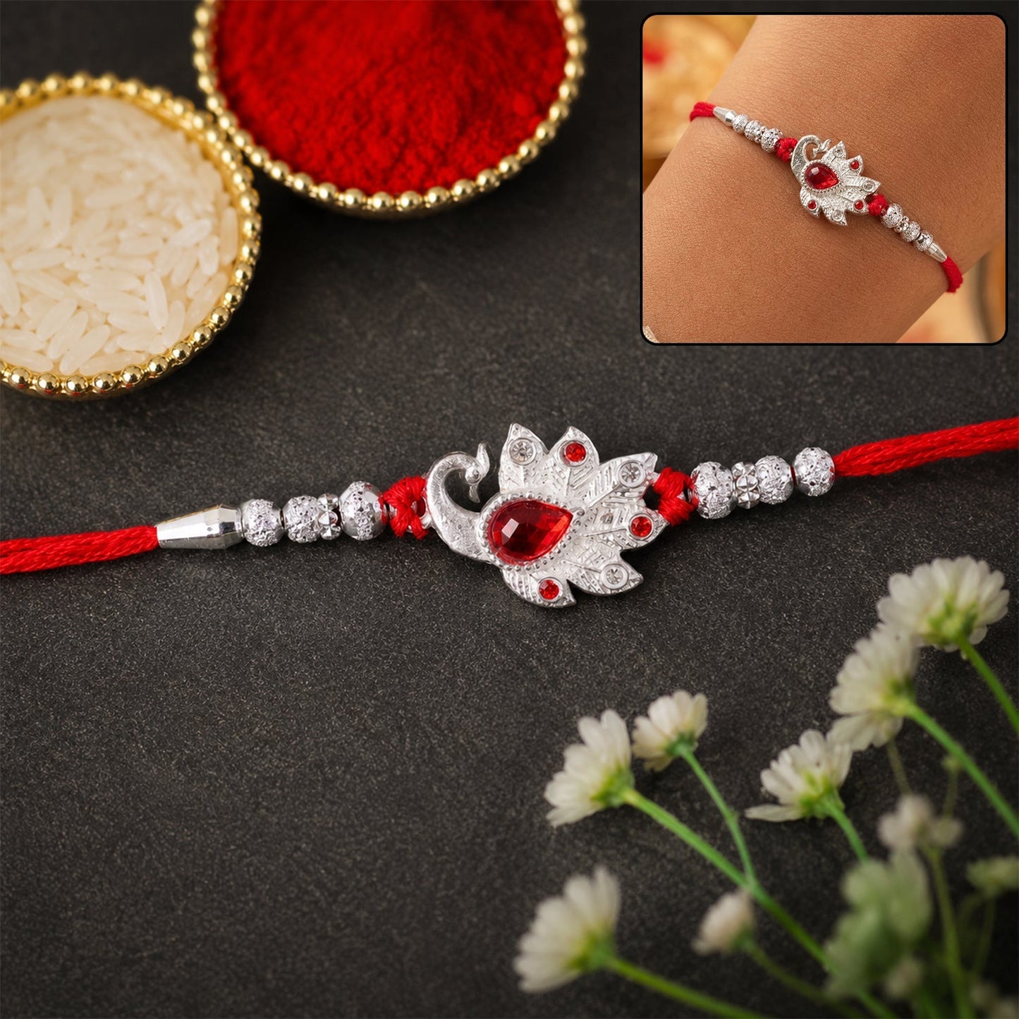 Peacock Red Stone Rakhi with vibrant design and comfortable thread