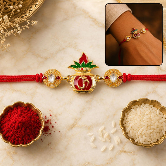 Om Lotus red and green enamel Rakhi with gold-tone finish for Rakshabandhan