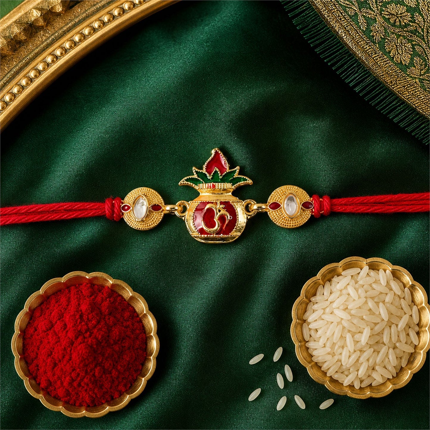 Styled Om Lotus Rakhi with vibrant red and green colors, perfect for brother's wrist